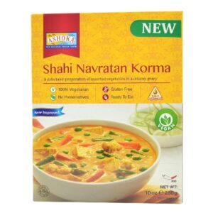 Indulge in the royal flavors of ASHOKA Shahi Navratan Korma, a rich and creamy Indian dish with nine gem-like vegetables, available at India Supermarkt Switzerland.