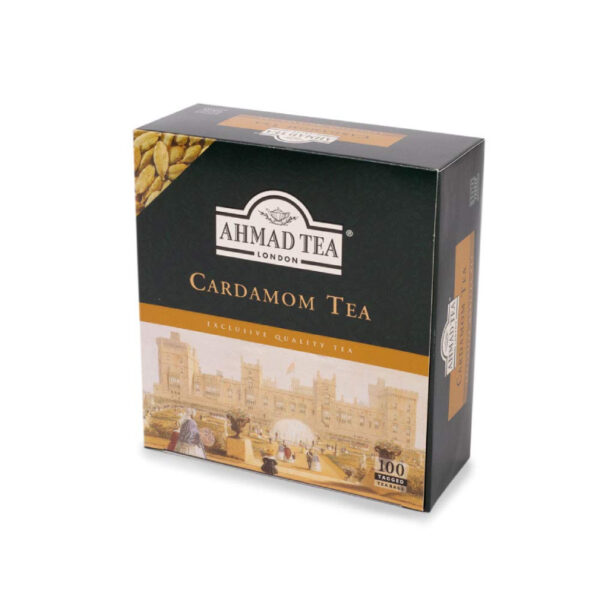 Ahmed Tea London Cardamom Tea, 100 Tea Bags for a fragrant and refreshing brew, available at India Supermarkt Switzerland.